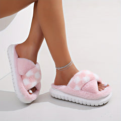 Women's Checkered Plush Slippers Crisscross Strap Fuzzy Platform Shoes