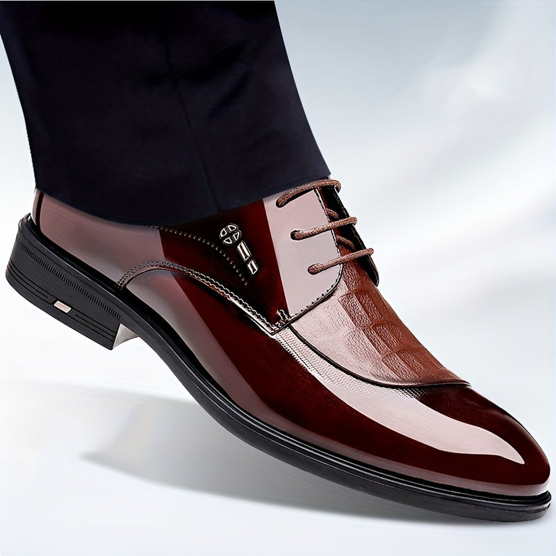 Men's Glossy Derby Shoes With Textured Detail Lace up Front Dress Shoes For Men