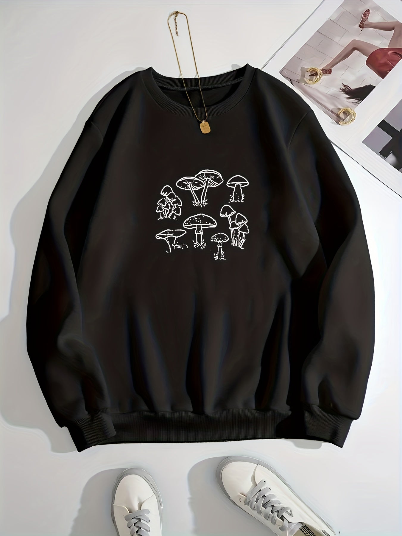 Mushroom Print Crew Neck Sweatshirt