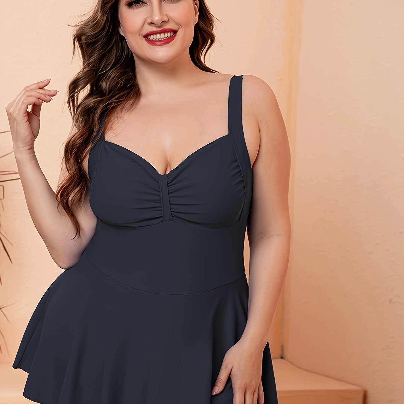 Modest Swimsuit Women's Plus Solid Sweetheart Neck Ruched Tummy Contro
