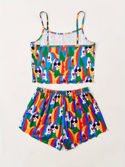 Figure Print Pajama Set Crew Neck Cami Top & Elastic Waistband Shorts