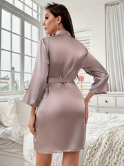 Satin Night Robe Long Sleeve V Neck with Belt Women's Sleepwear