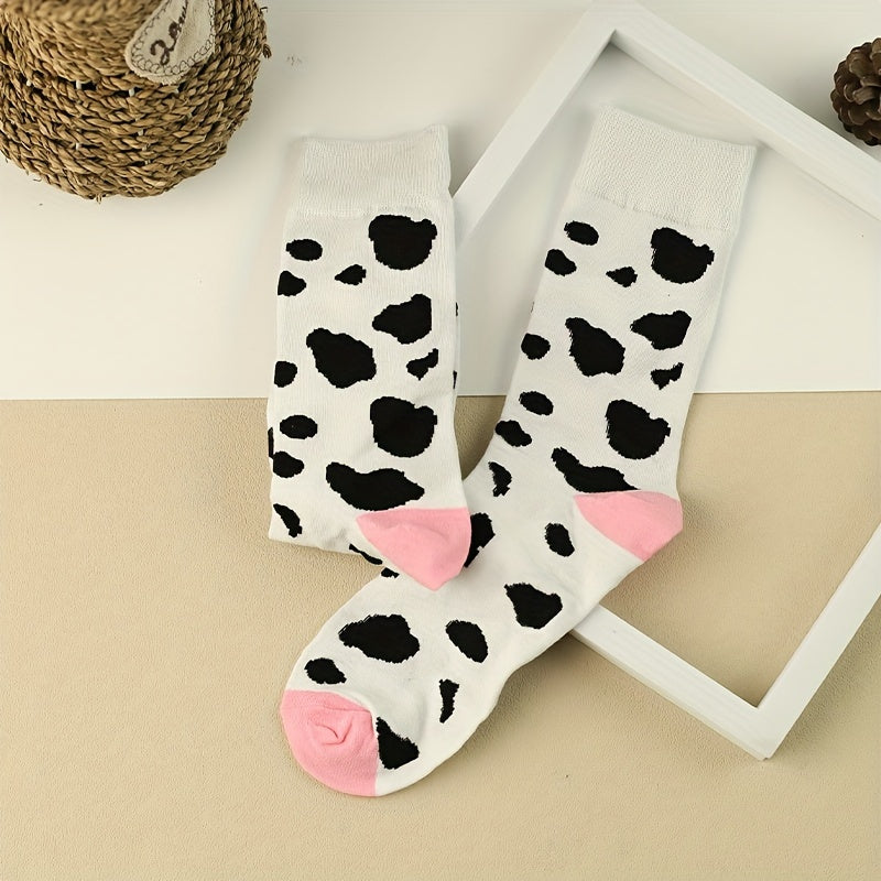 3 Pairs Cow Spot Print Socks Comfy Mid Tube Women's Stockings