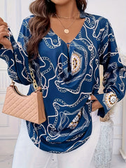 Women's Plus Chain Print Long Sleeve V Neck Cut Out Tunic Top