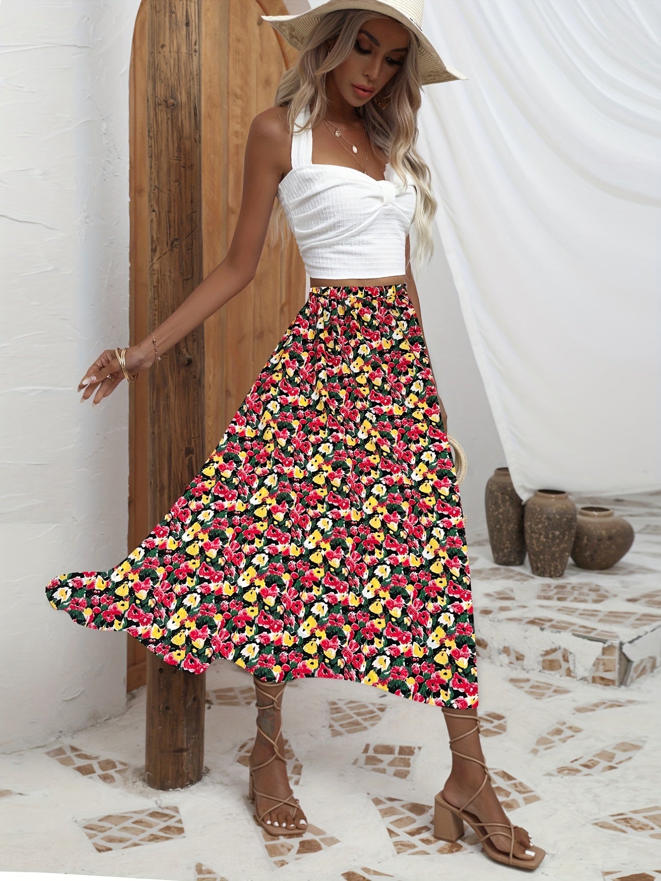 Boho Floral A Line Skirt High Waist Women's Clothing