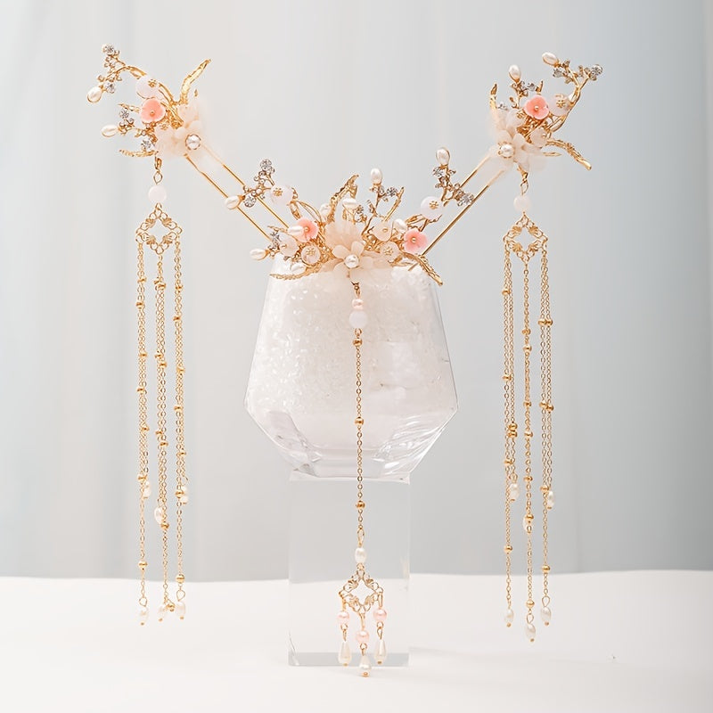 Faux Pearl Crystal Flower Tassels Hairpin Headband Wedding Bridal Jewelry
