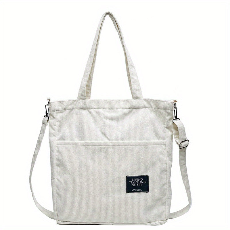 Corduroy Tote Bag with Letter Patch Decor Large Capacity Crossbody Bag
