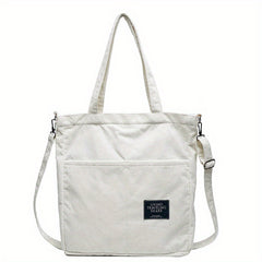 Corduroy Tote Bag with Letter Patch Decor Large Capacity Crossbody Bag