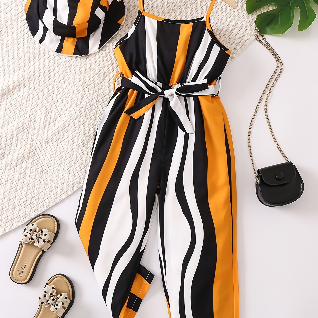 2pcs Toddler Girls Striped Belted Jumpsuit & Hat Set