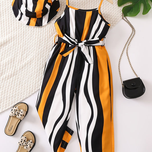 2pcs Toddler Girls Striped Belted Jumpsuit & Hat Set