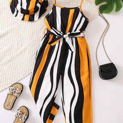 2pcs Toddler Girls Striped Belted Jumpsuit & Hat Set