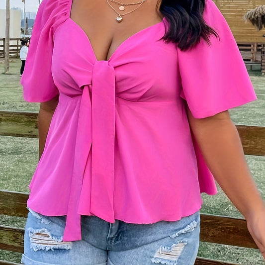 Casual Blouse Women's Plus Solid Short Sleeve Sweetheart Neck Knot Top