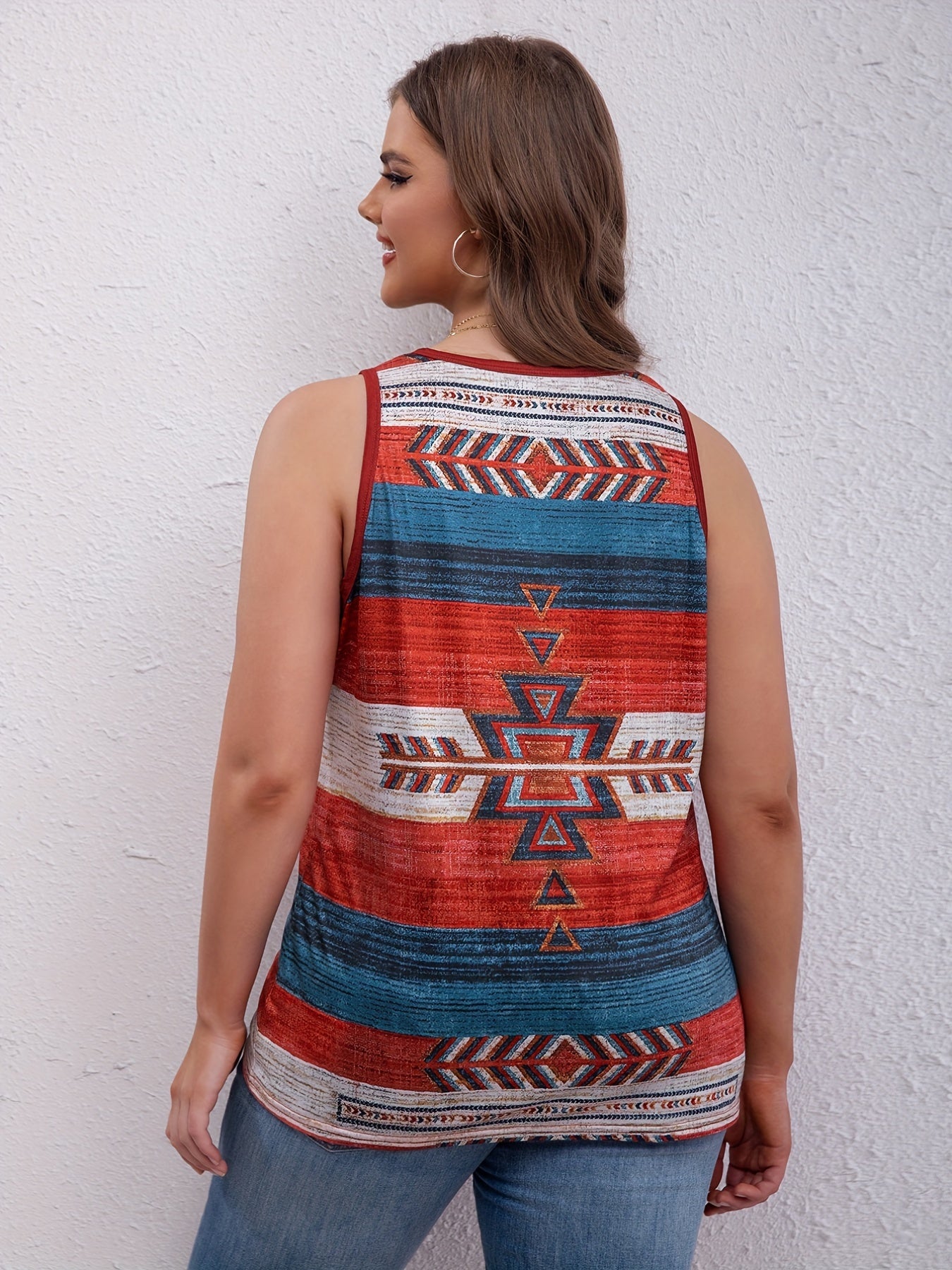 Geometric Print Boho Tank Top Round Neck Stretch Vest Top