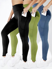 3pcs Solid Yoga Leggings High Stretchy Butt lifting Pockets Fitness Sports Pants