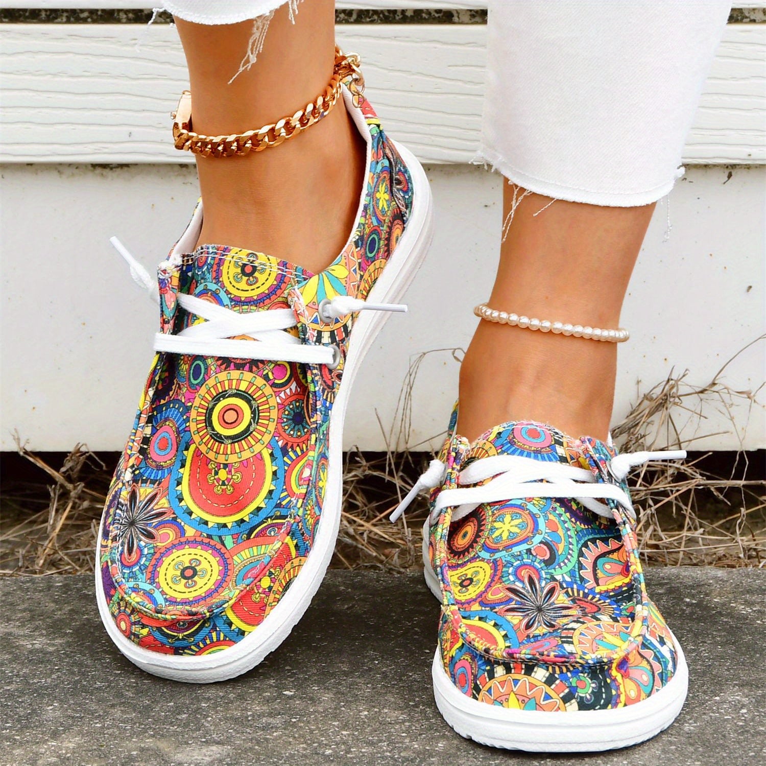 Women's Floral Printed Canvas Flats Casual Walking Sneakers
