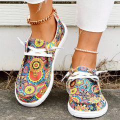 Women's Floral Printed Canvas Flats Casual Walking Sneakers