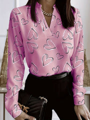Heart Print Long Sleeve V Neck Blouse