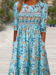 Floral Print Half Sleeve Round Neck Dress With Pockets