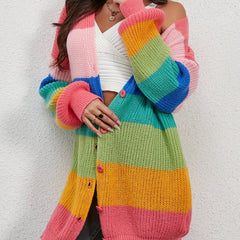 Rainbow Striped Knit Cardigan V-Neck Button Front Sweater