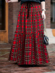 Plaid Print Drawstring Maxi Skirt