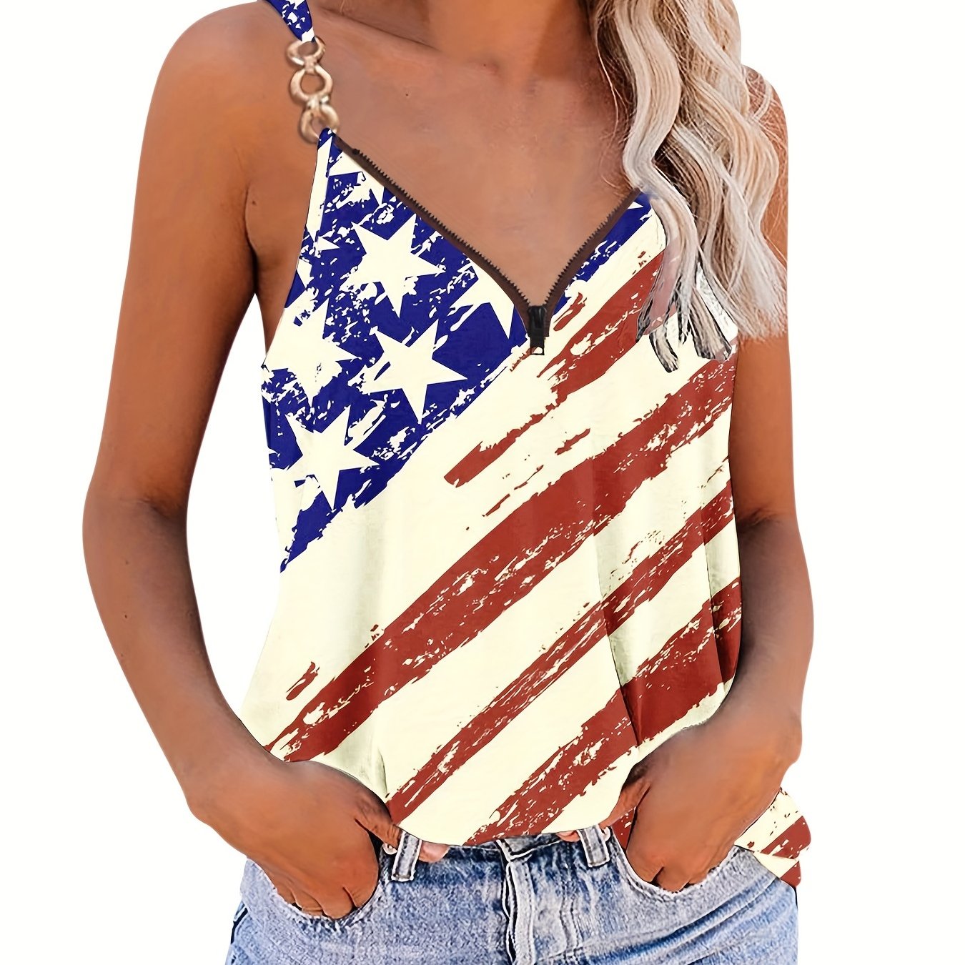 Plus Size Flag Print V Neck Cami Top Medium Stretch Independence Casual