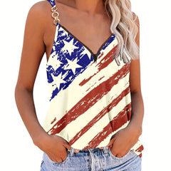 Plus Size Flag Print V Neck Cami Top Medium Stretch Independence Casual