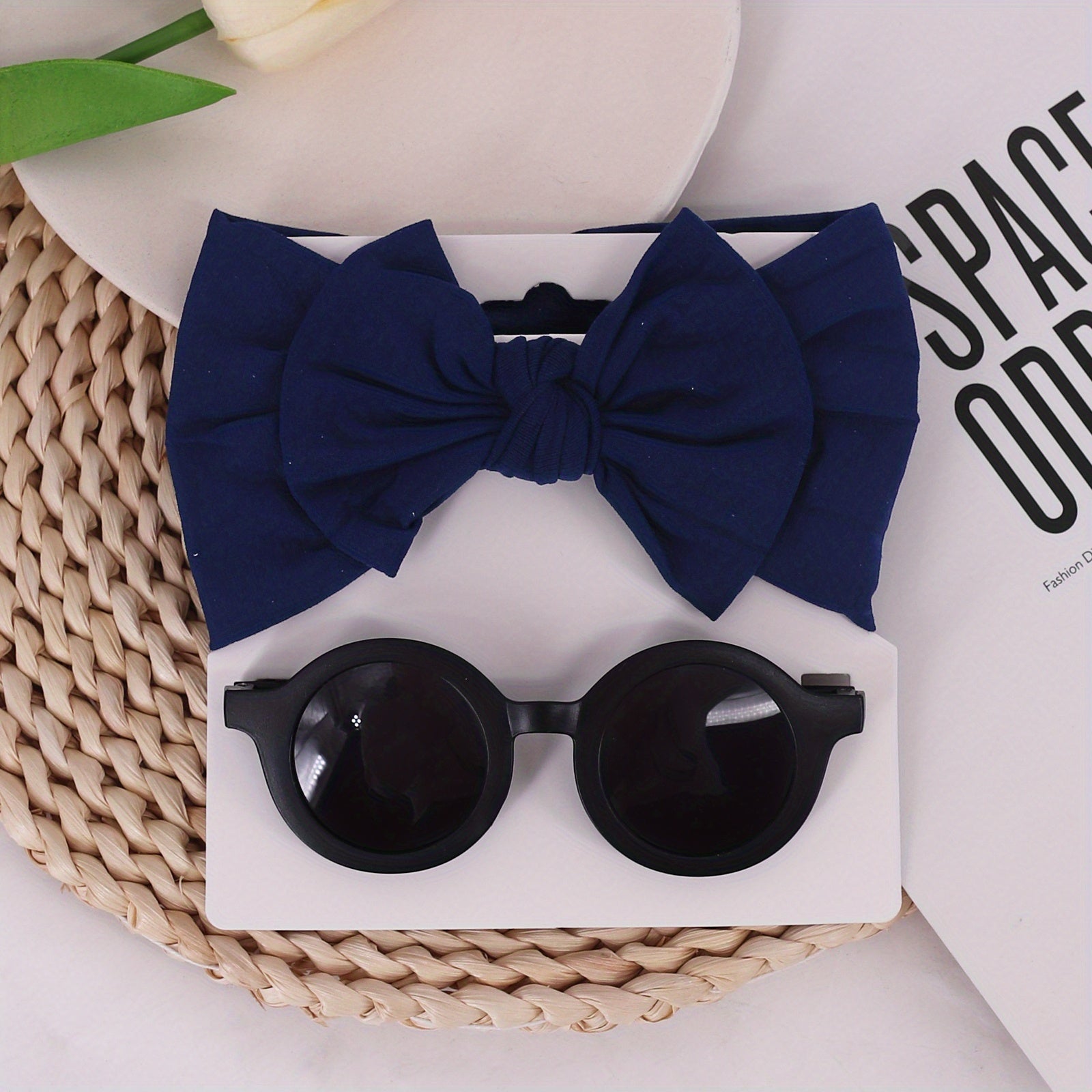 2pcs Girls Hairband & Sunglasses Set Cute Bow Headband & Round UV Sunglasses