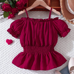 Girls Blouse Cold Shoulder Shirred Waist Short Sleeve Top Kids Summer