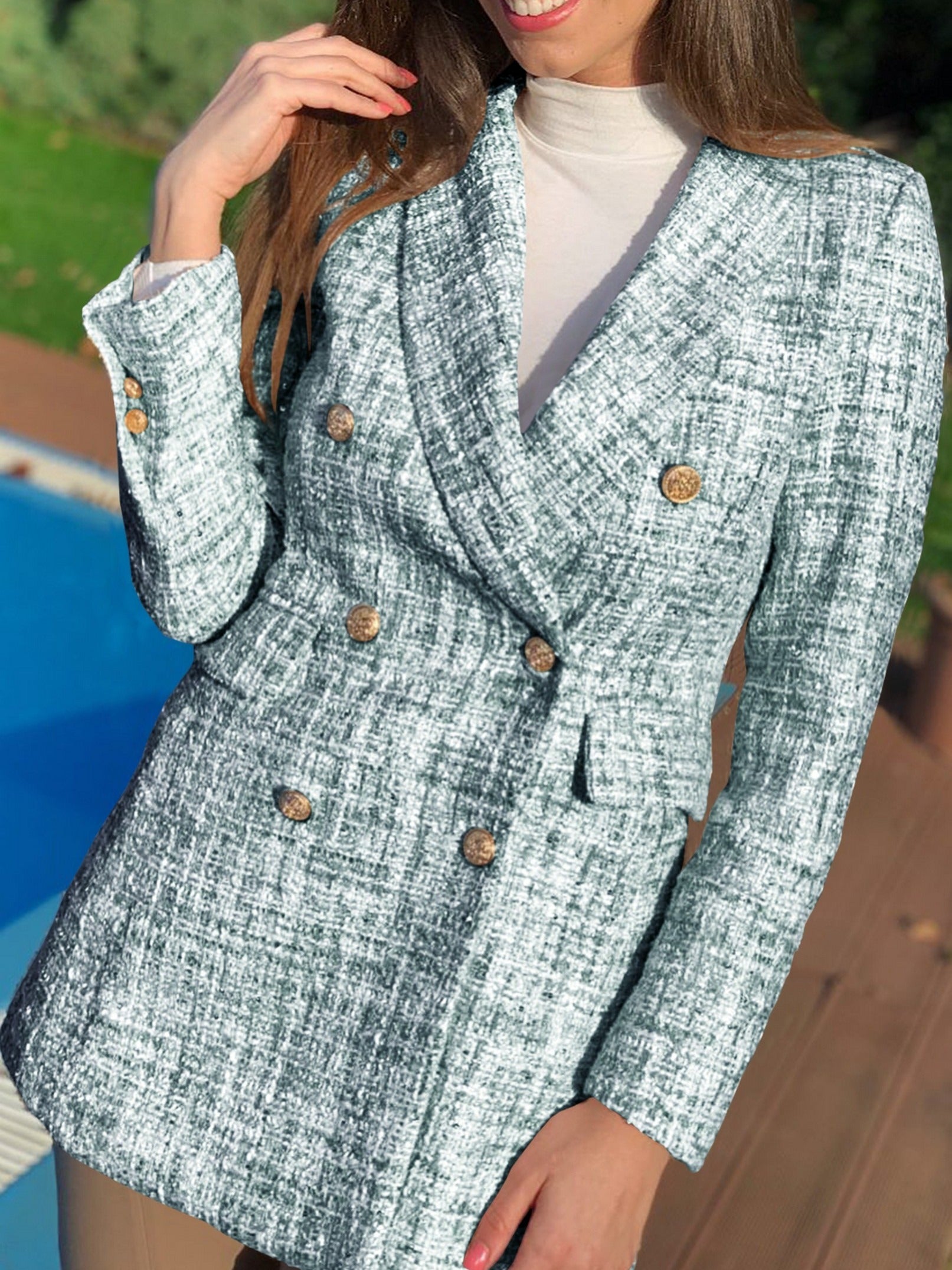 Tweed Double Breasted Blazer Collared Top for Women