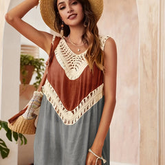 Colorblock Crochet Cover Up Shirt Hollow Out V Neck Casual Cover Dress