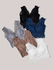 5pcs Lace Contrast Wireless Bras Wide Straps Bra Women's Lingerie