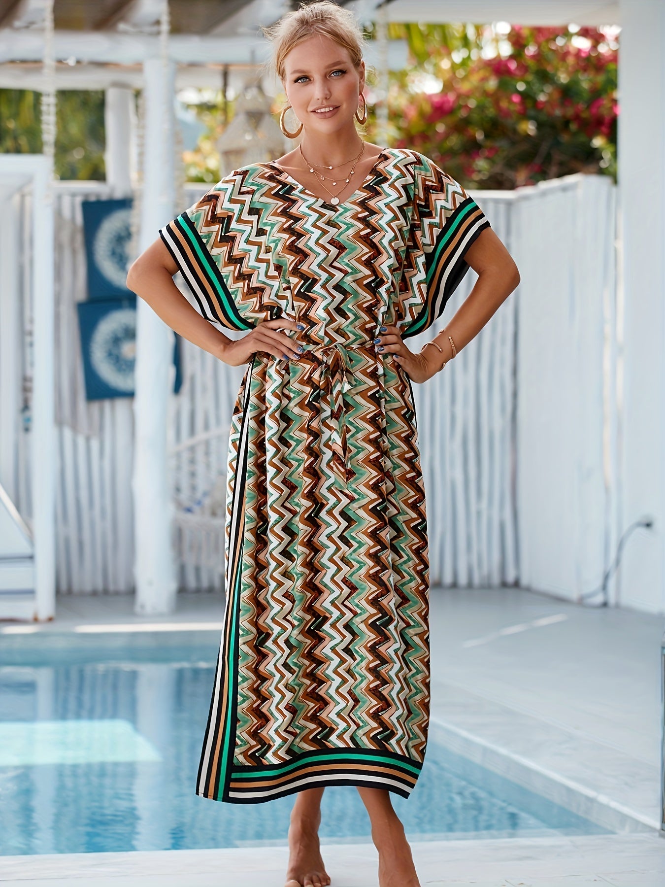 Chevron V Strips Belt Cover Up Kaftan