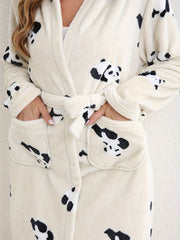 Cartoon Panda Print Hooded Fuzzy Robe Women's Sleepwear