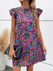Floral Print Ruffle Trim Dress Boho Keyhole Mini Dress Women's Clothing