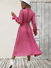 Floral Print Button Belted Pleated Dress Flounce Sleeve Midi Dress
