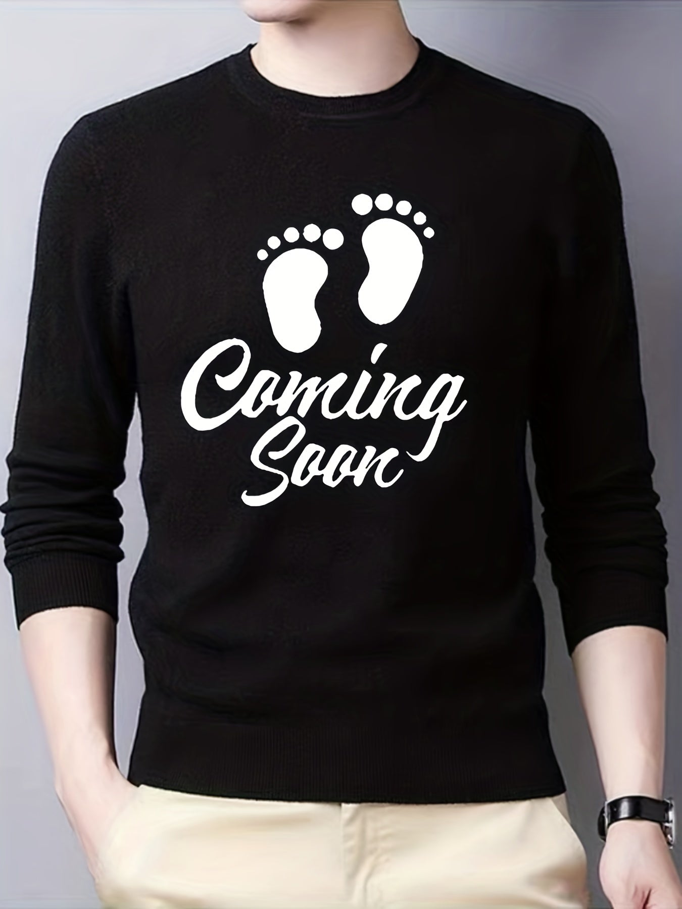 Baby Footprint Coming Soon Print Knitted Sweater Men's Warm Mid