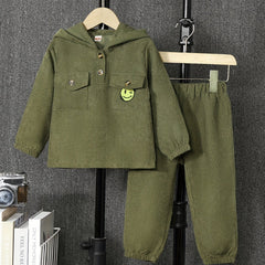 2pcs Boy Smiling Face Hooded Corduroy Pullover & Pants Set for Kids
