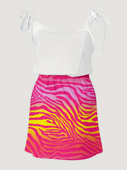 Colorblock Stripe Print Tie Shoulder V Neck Mini Dress