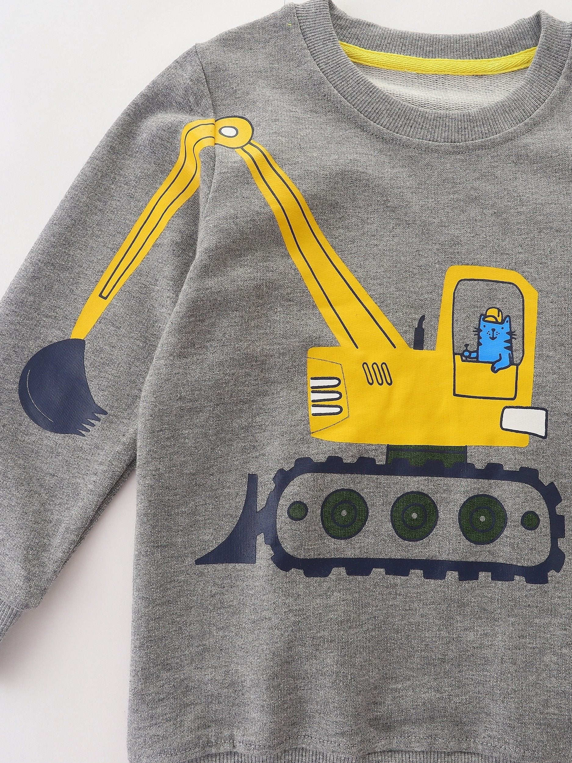 Cartoon Cat Excavator Print Boys Crew Neck Sweatshirt