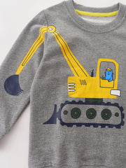 Cartoon Cat Excavator Print Boys Crew Neck Sweatshirt