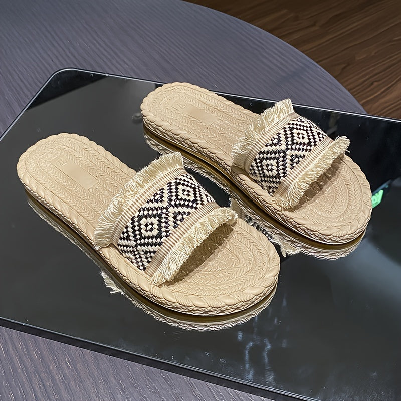 Women's Argyle Pattern Straw Slippers Sandals Open Toe Comfy Flat Slides