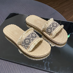 Women's Argyle Pattern Straw Slippers Sandals Open Toe Comfy Flat Slides