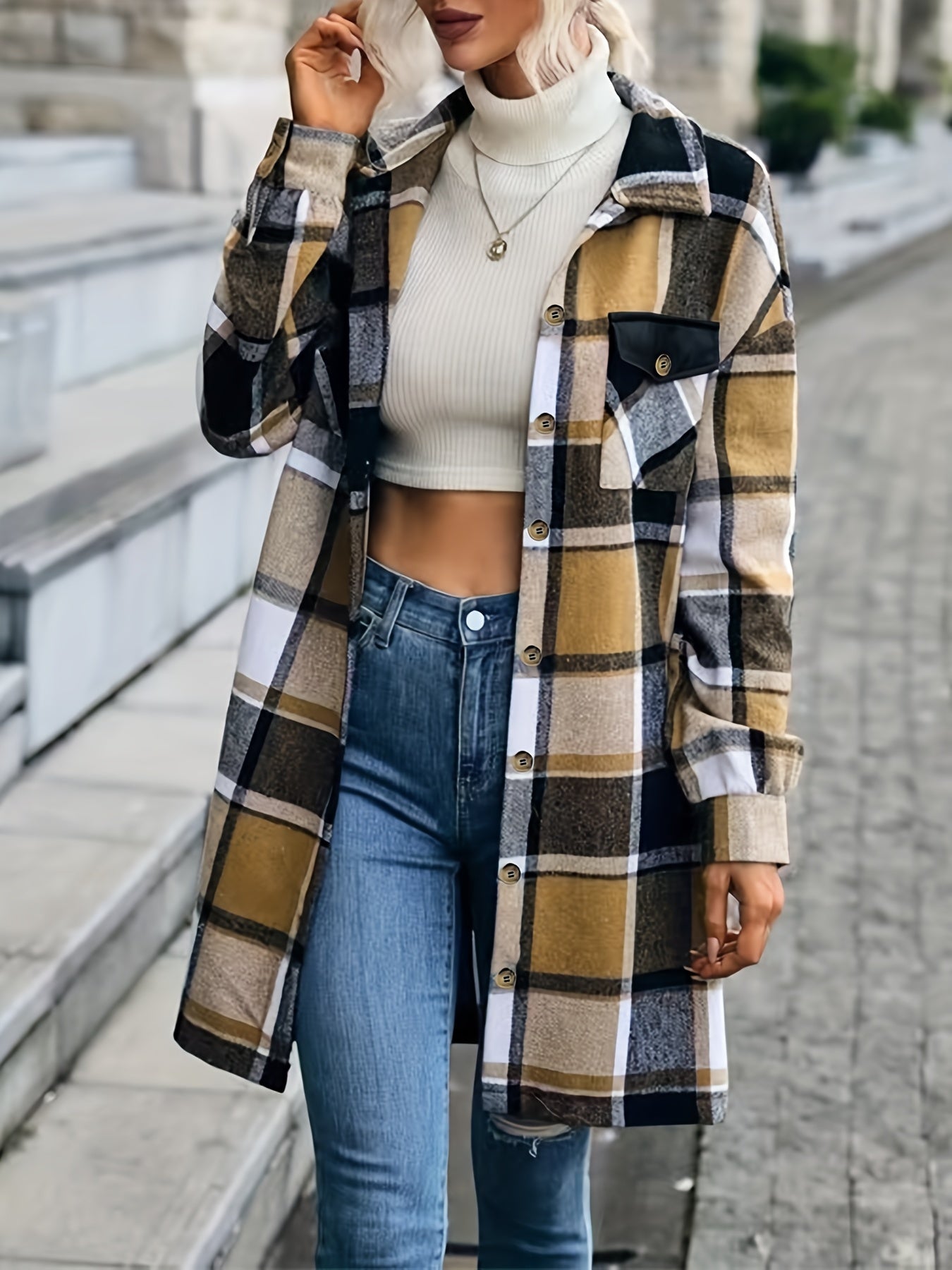 Plaid Flap Pocket Jacket Casual Long Sleeve Jacket Women's Clothing