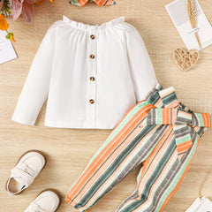 Toddler Girls Ruffle Long Sleeve Top Multicolor Striped Trousers Set