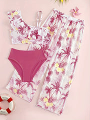 Girl's Bikini Swimsuit 3pcs Ruffle Decor Camisole & Briefs & Pants Set