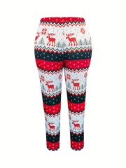 Colorblock Reindeer Print Plus Size Christmas Leggings