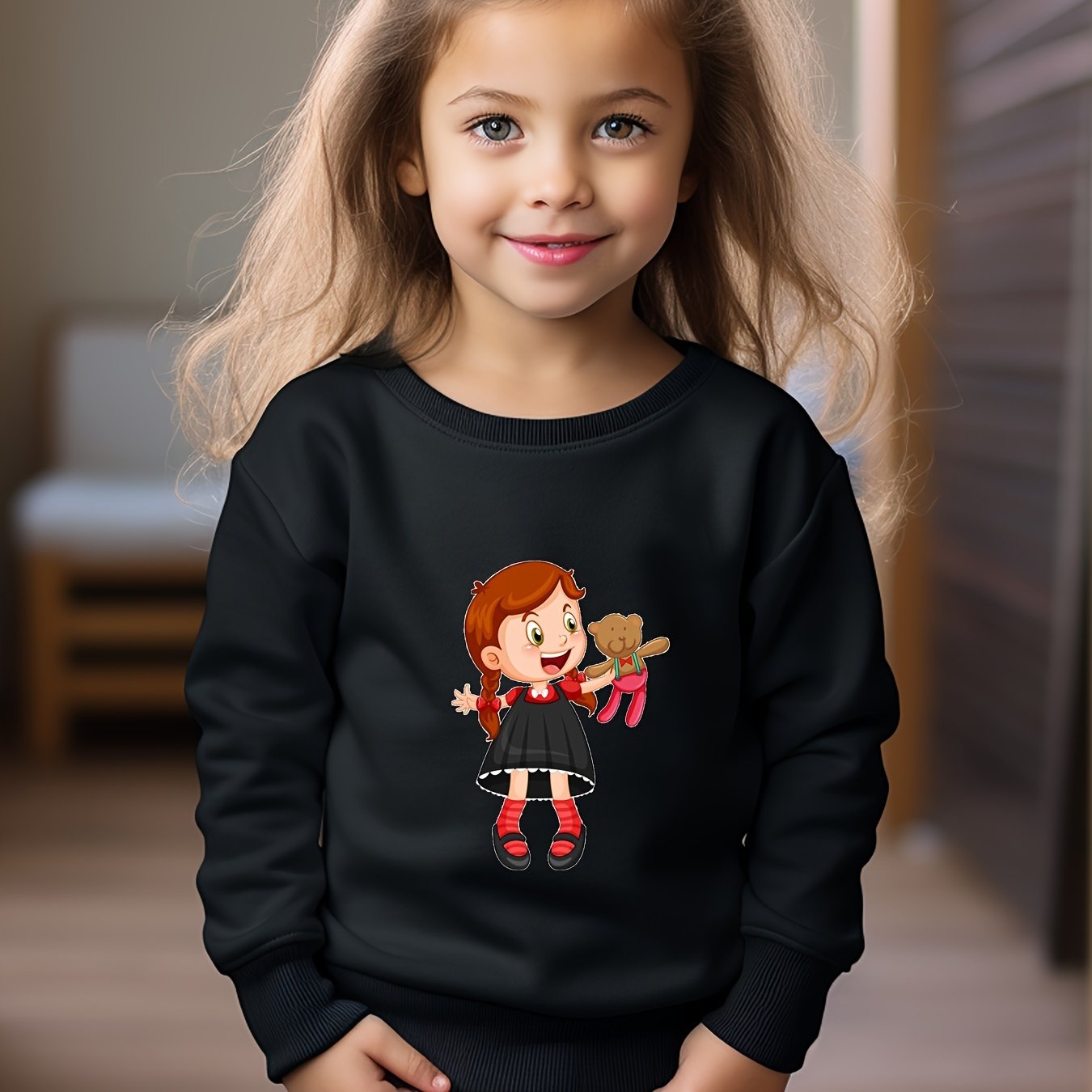 Anime Girl & Bear Doll Print Girls Sweatshirt Long Sleeve Crew Neck Tops