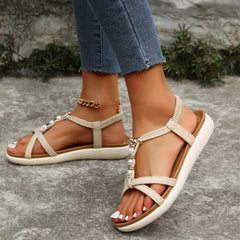 Boho Style Pearl Strap Flat Sandals Slip On T-Strap Beach Sandals