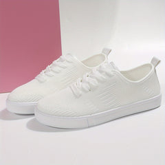 Women's Breathable Knit Sneakers Low Top Lace Up Round Toe Solid Casual Shoes