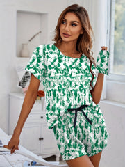 Tie Dye Pajama Set Crew Neck Top & Shorts Women's Sleepwear